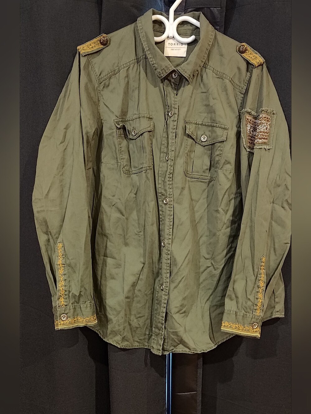 torrid Olive Green Military-Style Button Down with Gold Embroidery